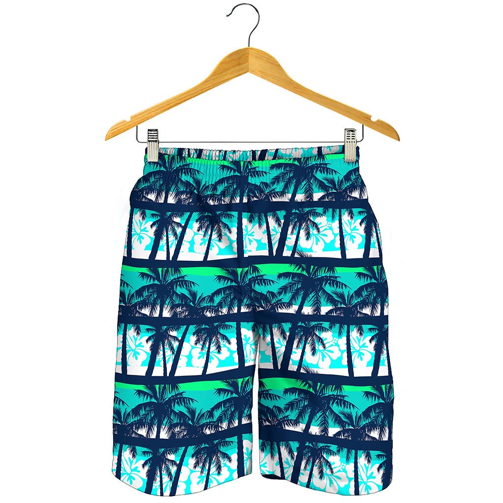 Blue Hibiscus Palm Tree Pattern Print Men's Shorts