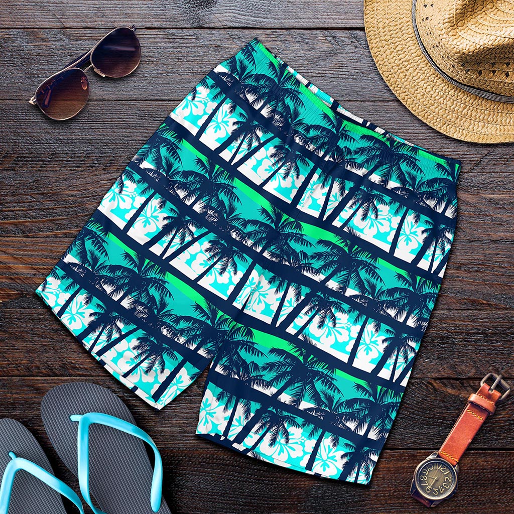 Blue Hibiscus Palm Tree Pattern Print Men's Shorts