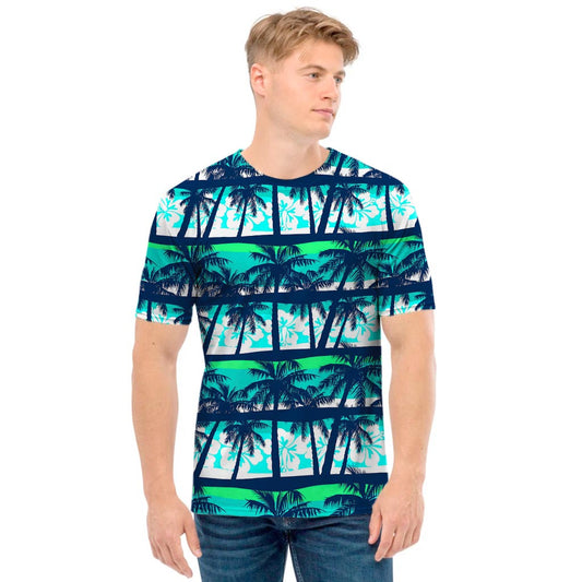 Blue Hibiscus Palm Tree Pattern Print Men's T-Shirt
