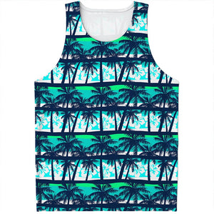 Blue Hibiscus Palm Tree Pattern Print Men's Tank Top