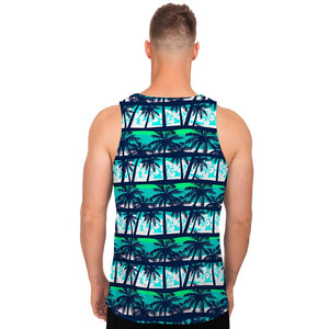 Blue Hibiscus Palm Tree Pattern Print Men's Tank Top