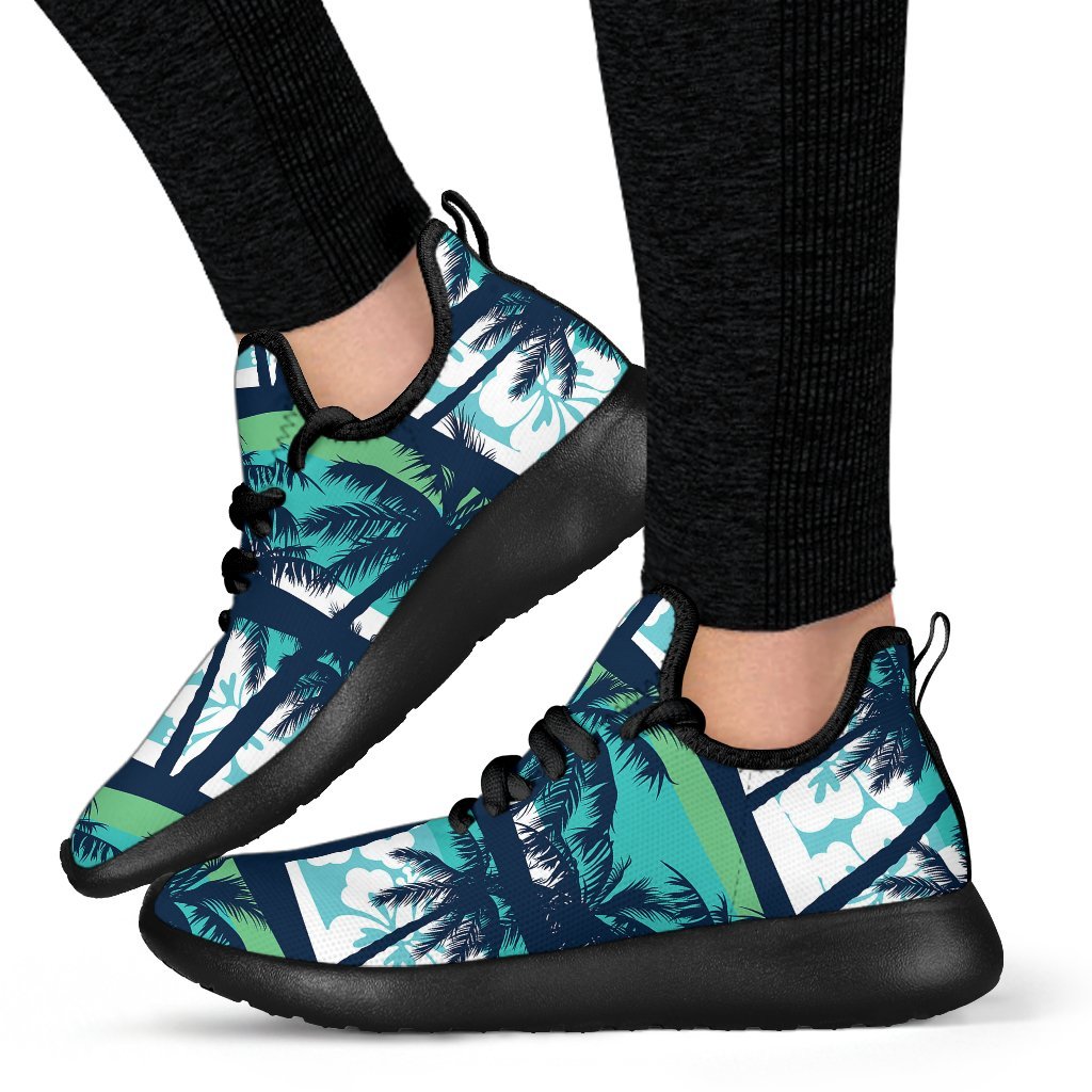 Blue Hibiscus Palm Tree Pattern Print Mesh Knit Shoes GearFrost