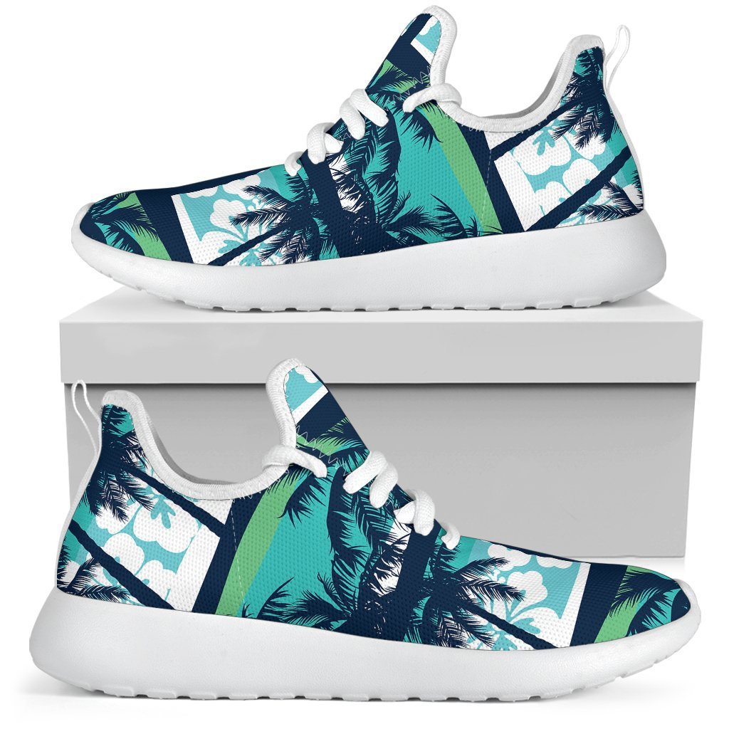Blue Hibiscus Palm Tree Pattern Print Mesh Knit Shoes GearFrost