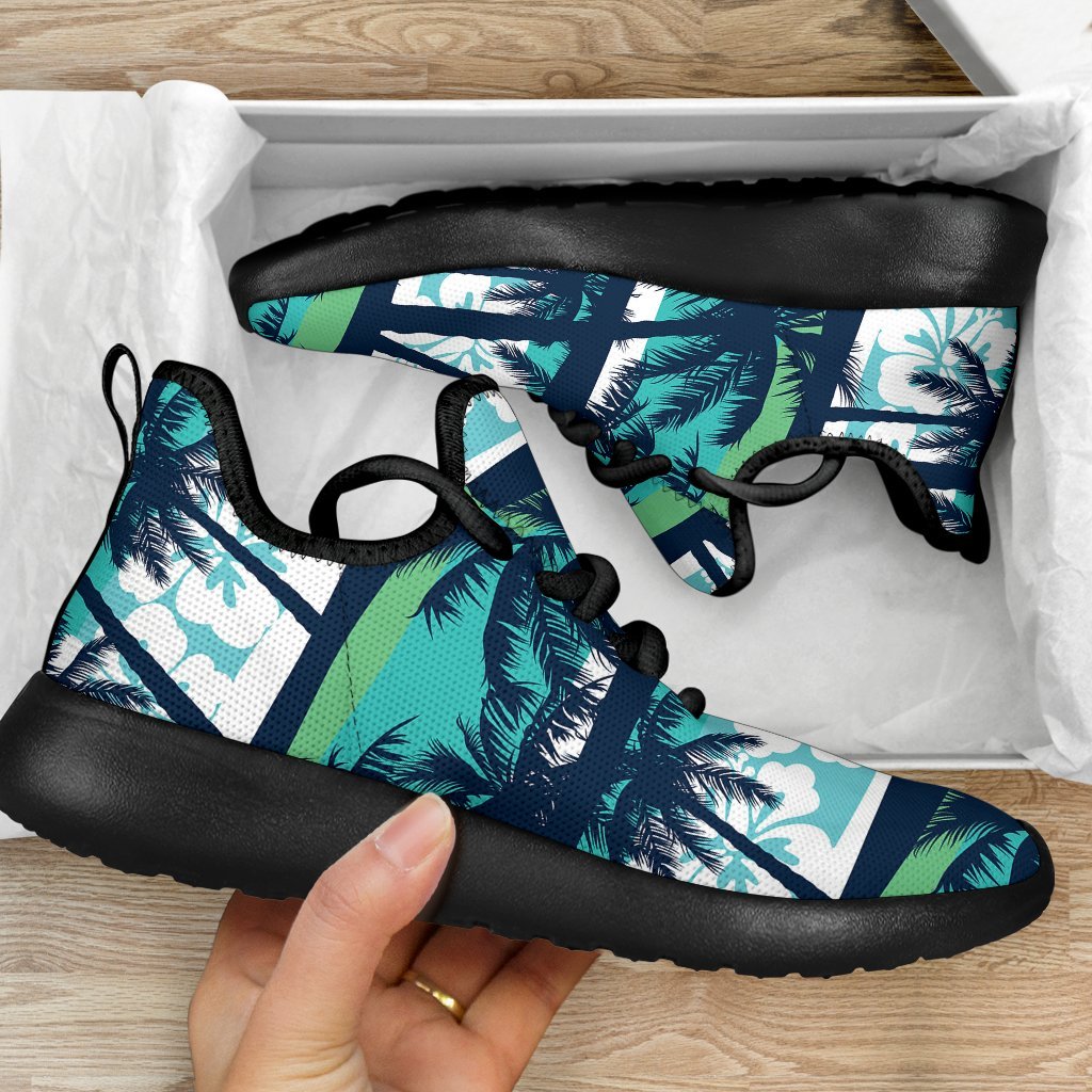 Blue Hibiscus Palm Tree Pattern Print Mesh Knit Shoes GearFrost