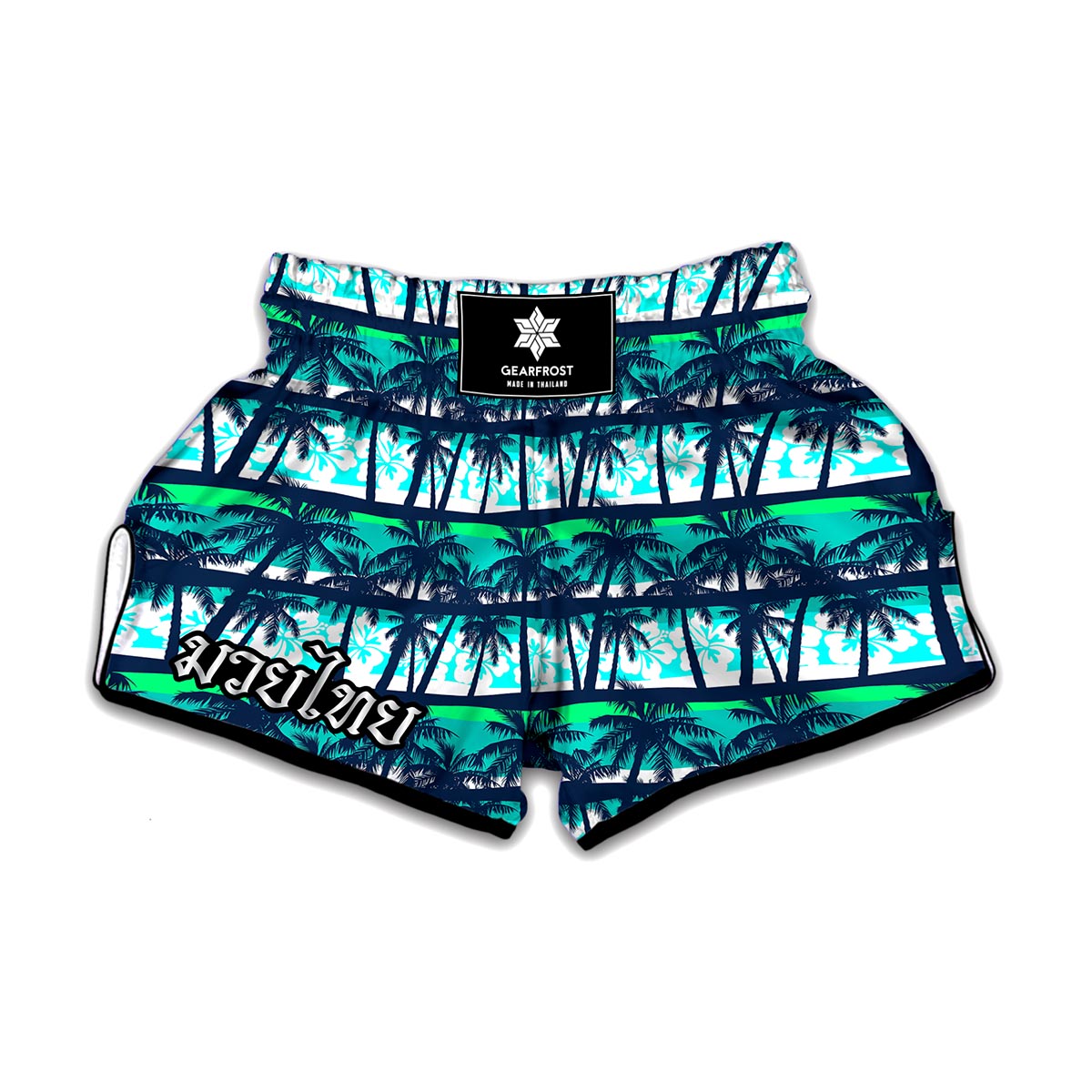 Blue Hibiscus Palm Tree Pattern Print Muay Thai Boxing Shorts