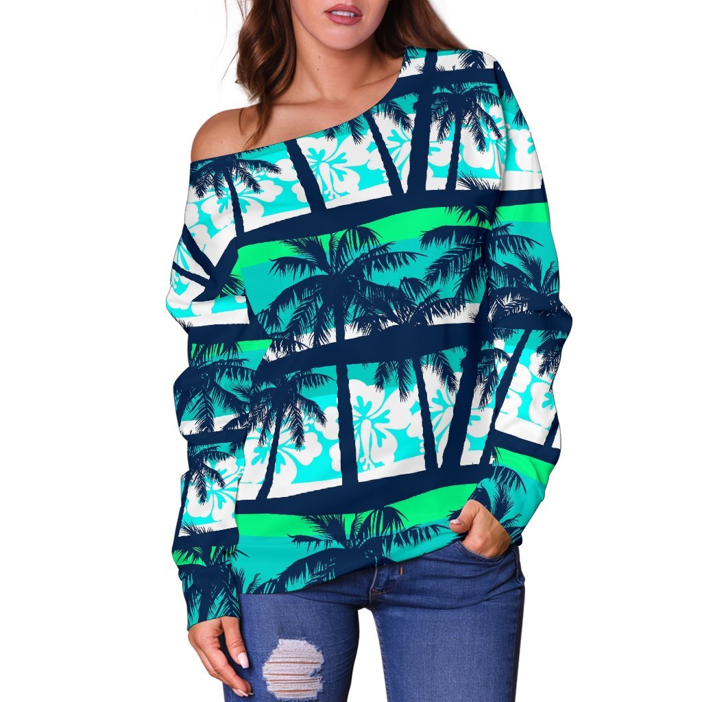 Blue Hibiscus Palm Tree Pattern Print Off Shoulder Sweatshirt GearFrost