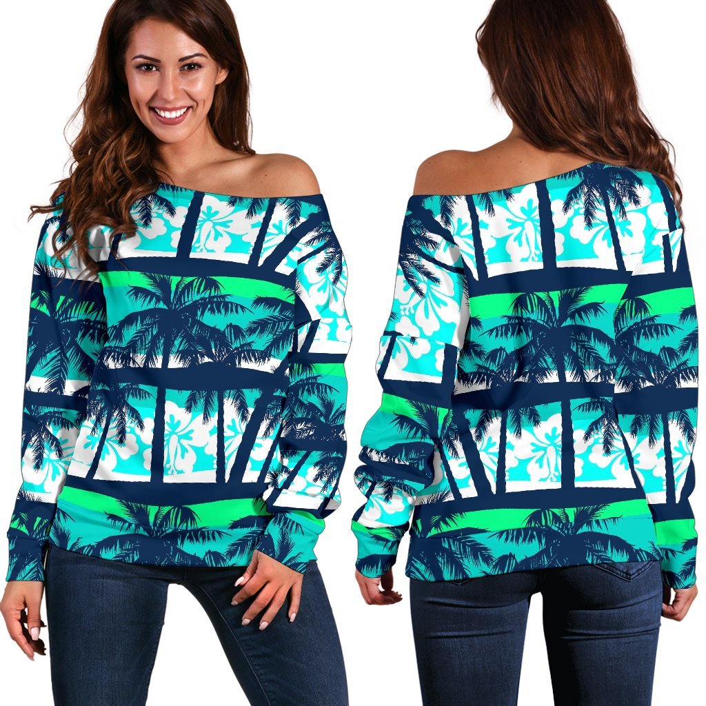 Blue Hibiscus Palm Tree Pattern Print Off Shoulder Sweatshirt GearFrost