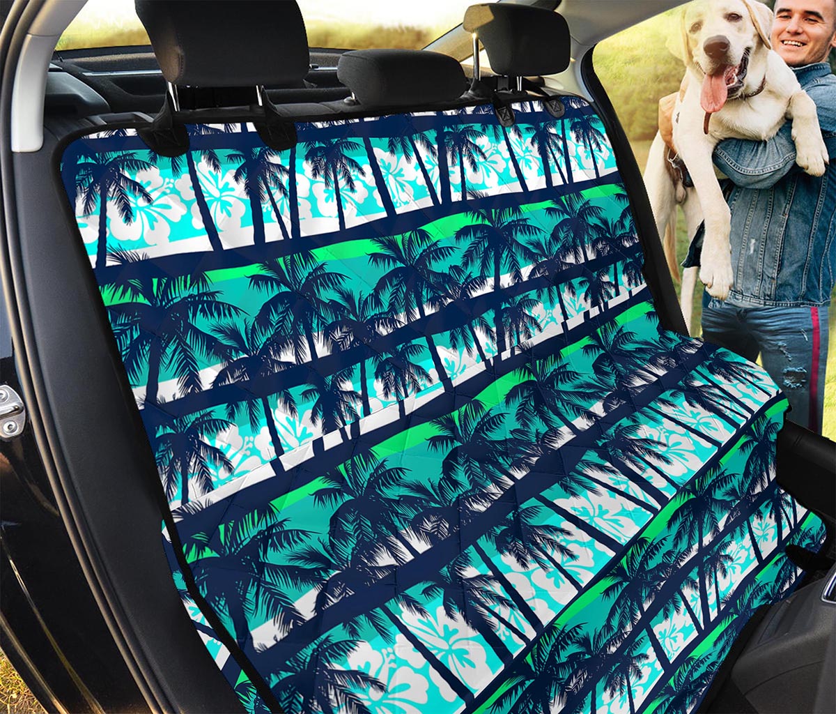 Blue Hibiscus Palm Tree Pattern Print Pet Car Back Seat Cover