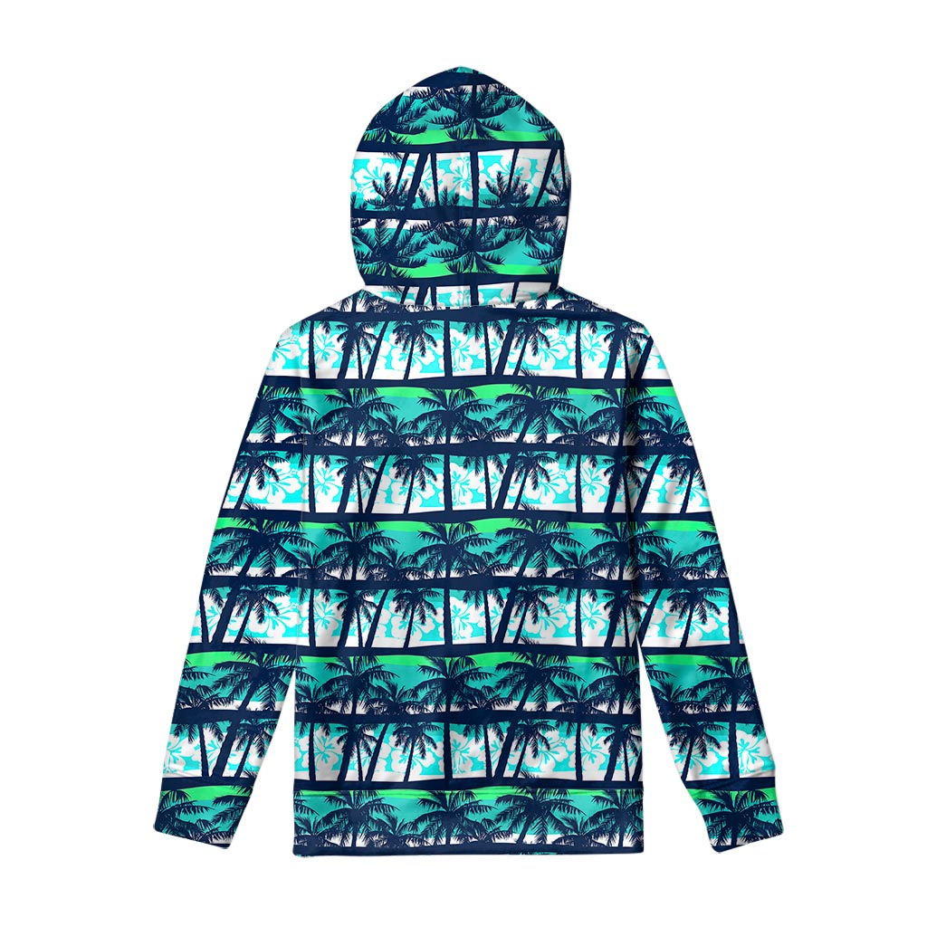 Blue Hibiscus Palm Tree Pattern Print Pullover Hoodie