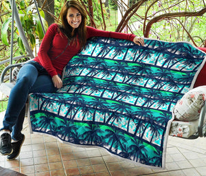 Blue Hibiscus Palm Tree Pattern Print Quilt