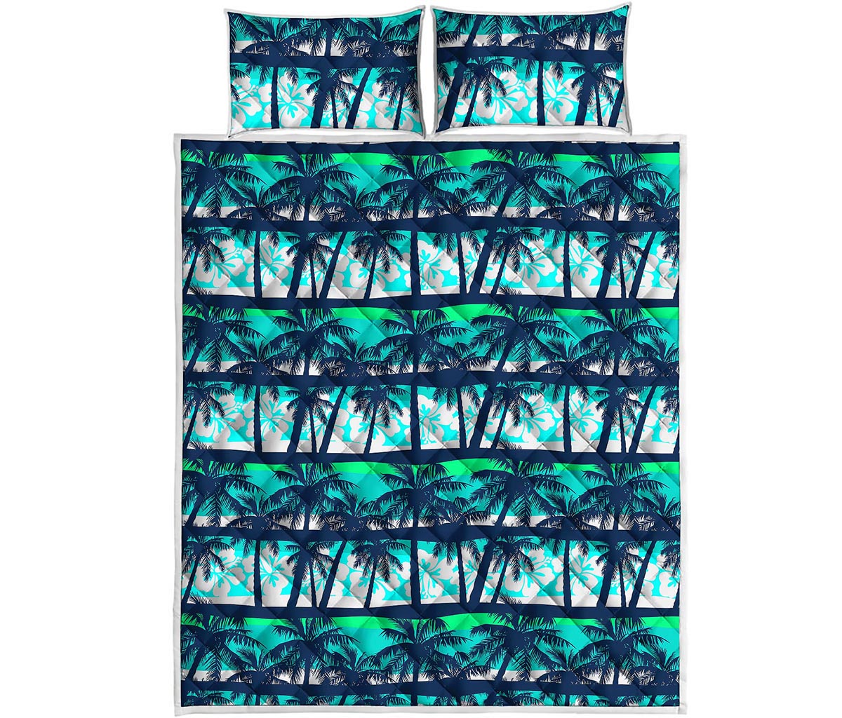 Blue Hibiscus Palm Tree Pattern Print Quilt Bed Set