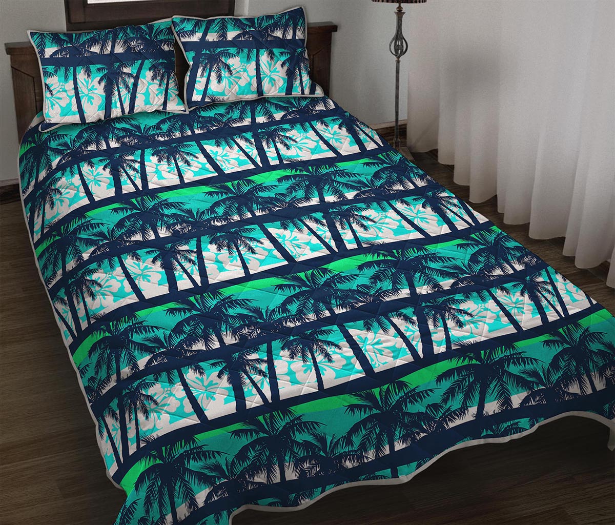 Blue Hibiscus Palm Tree Pattern Print Quilt Bed Set