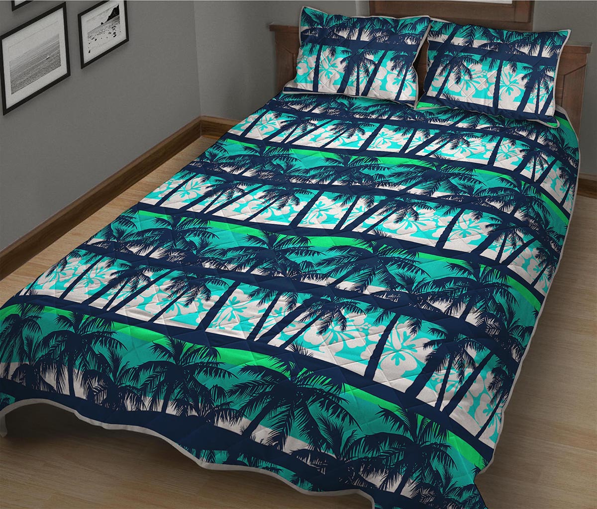 Blue Hibiscus Palm Tree Pattern Print Quilt Bed Set