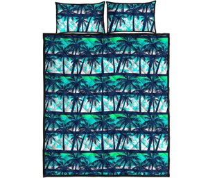 Blue Hibiscus Palm Tree Pattern Print Quilt Bed Set