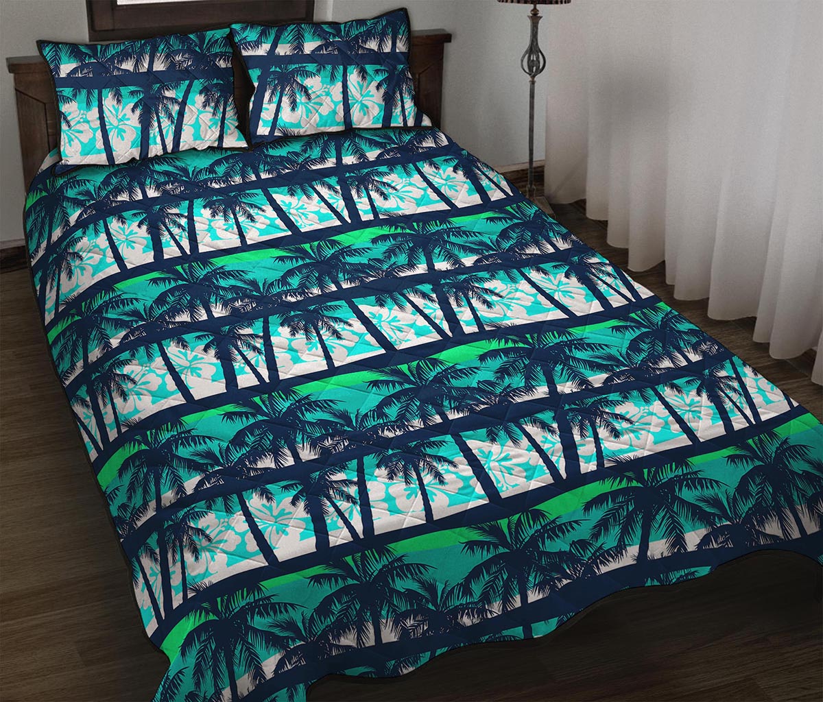 Blue Hibiscus Palm Tree Pattern Print Quilt Bed Set