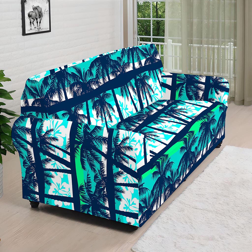 Blue Hibiscus Palm Tree Pattern Print Sofa Cover