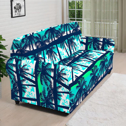 Blue Hibiscus Palm Tree Pattern Print Sofa Cover