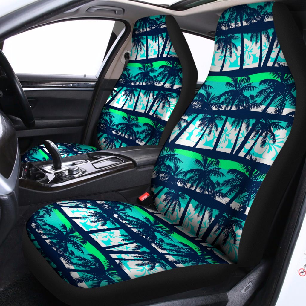 Blue Hibiscus Palm Tree Pattern Print Universal Fit Car Seat Covers