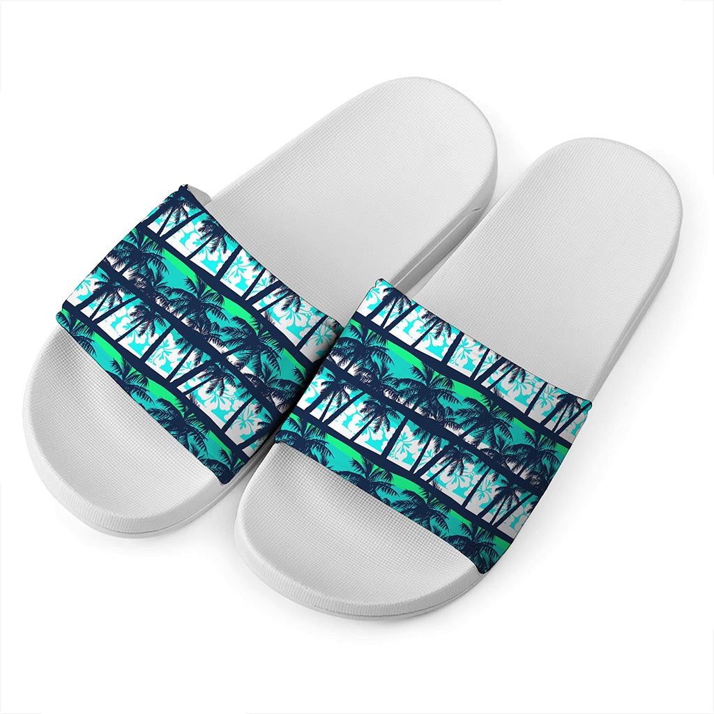 Blue Hibiscus Palm Tree Pattern Print White Slide Sandals