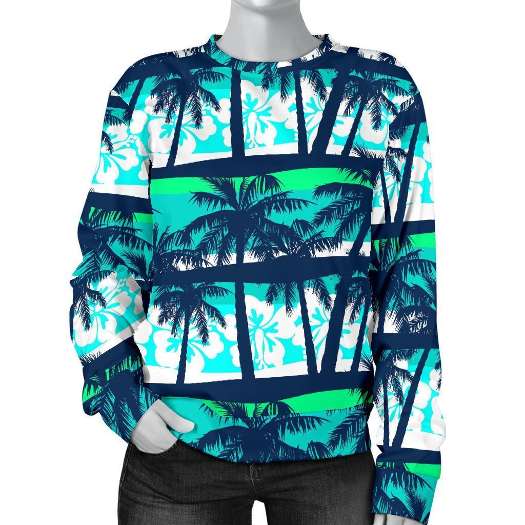 Blue Hibiscus Palm Tree Pattern Print Women's Crewneck Sweatshirt GearFrost