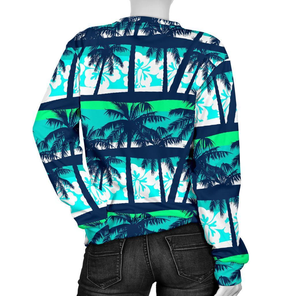 Blue Hibiscus Palm Tree Pattern Print Women's Crewneck Sweatshirt GearFrost