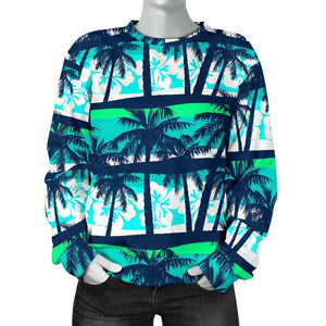 Blue Hibiscus Palm Tree Pattern Print Women's Crewneck Sweatshirt GearFrost