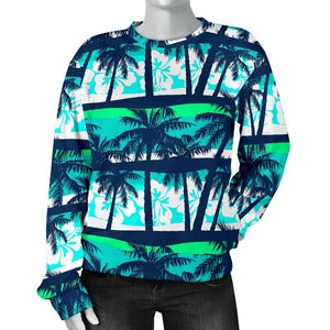 Blue Hibiscus Palm Tree Pattern Print Women's Crewneck Sweatshirt GearFrost