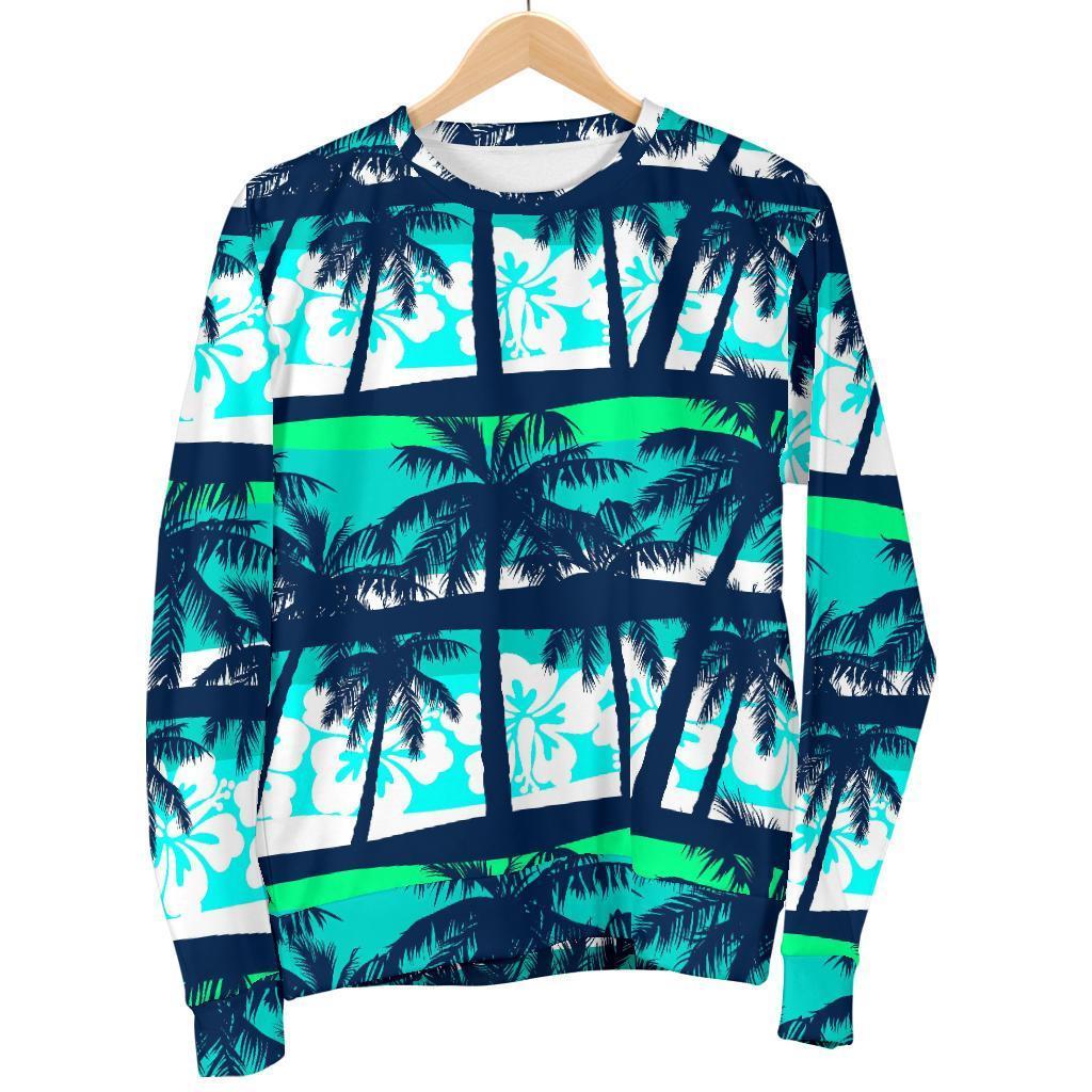 Blue Hibiscus Palm Tree Pattern Print Women's Crewneck Sweatshirt GearFrost