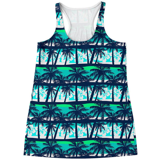 Blue Hibiscus Palm Tree Pattern Print Women's Racerback Tank Top