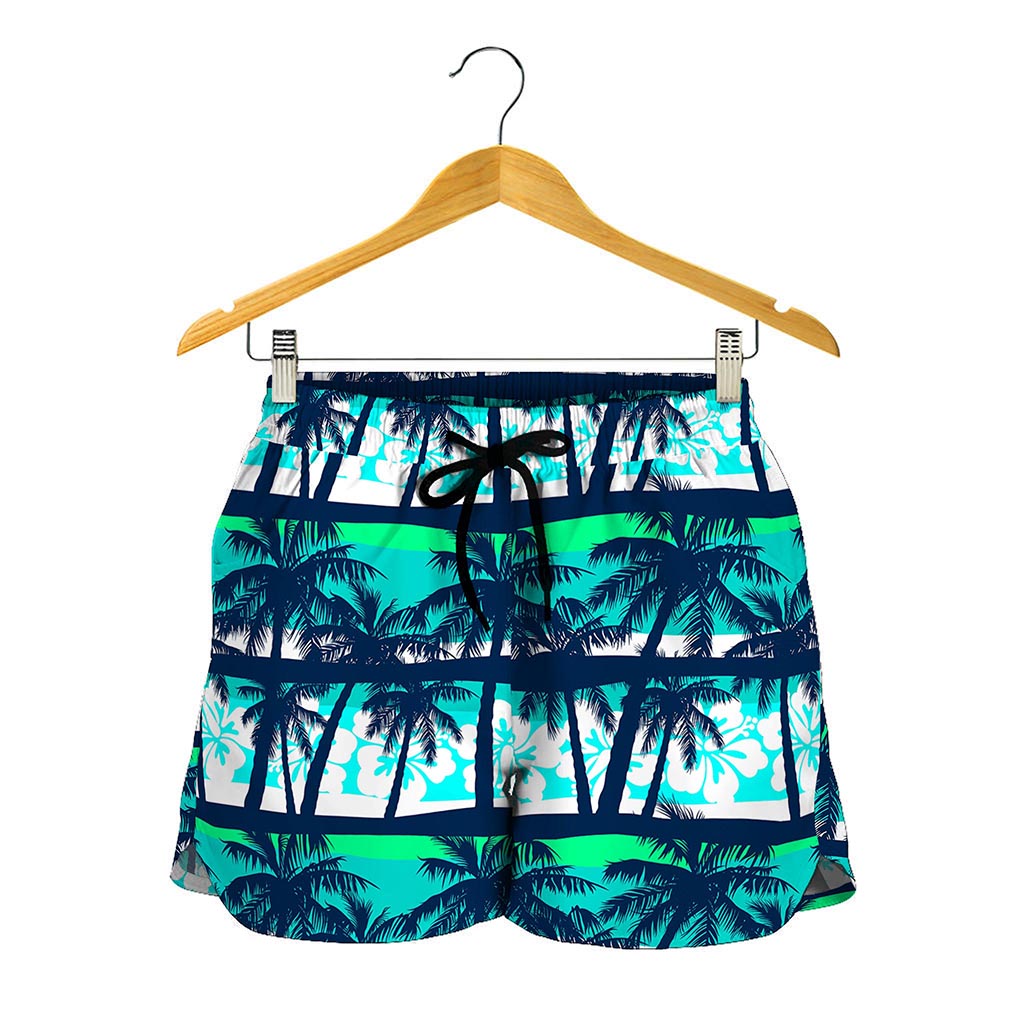Blue Hibiscus Palm Tree Pattern Print Women's Shorts