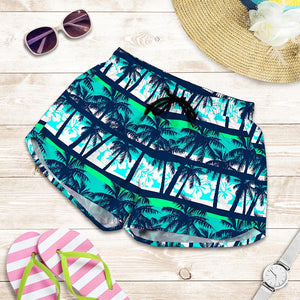 Blue Hibiscus Palm Tree Pattern Print Women's Shorts
