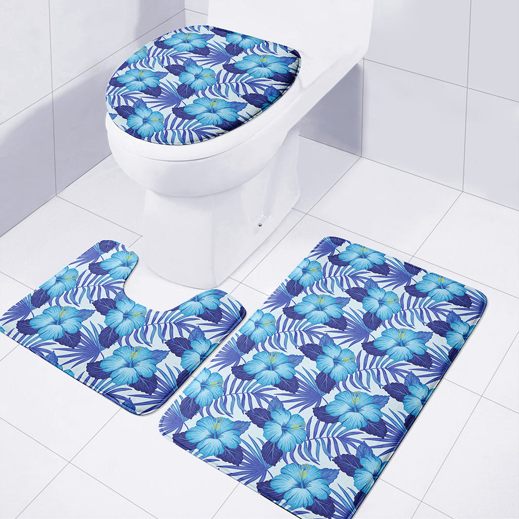 Blue Hibiscus Tropical Pattern Print 3 Piece Bath Mat Set