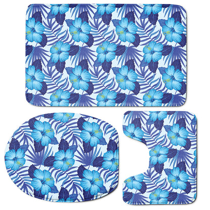 Blue Hibiscus Tropical Pattern Print 3 Piece Bath Mat Set