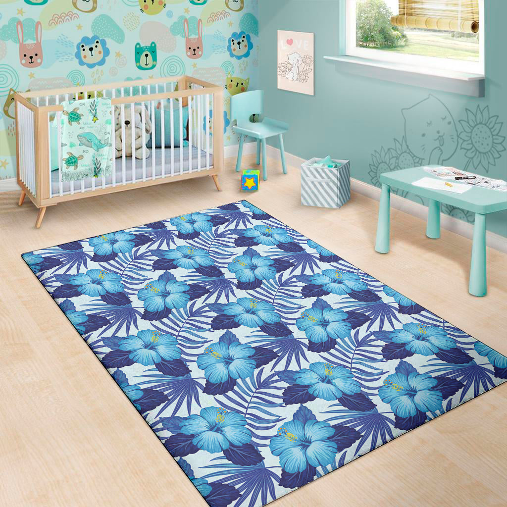 Blue Hibiscus Tropical Pattern Print Area Rug