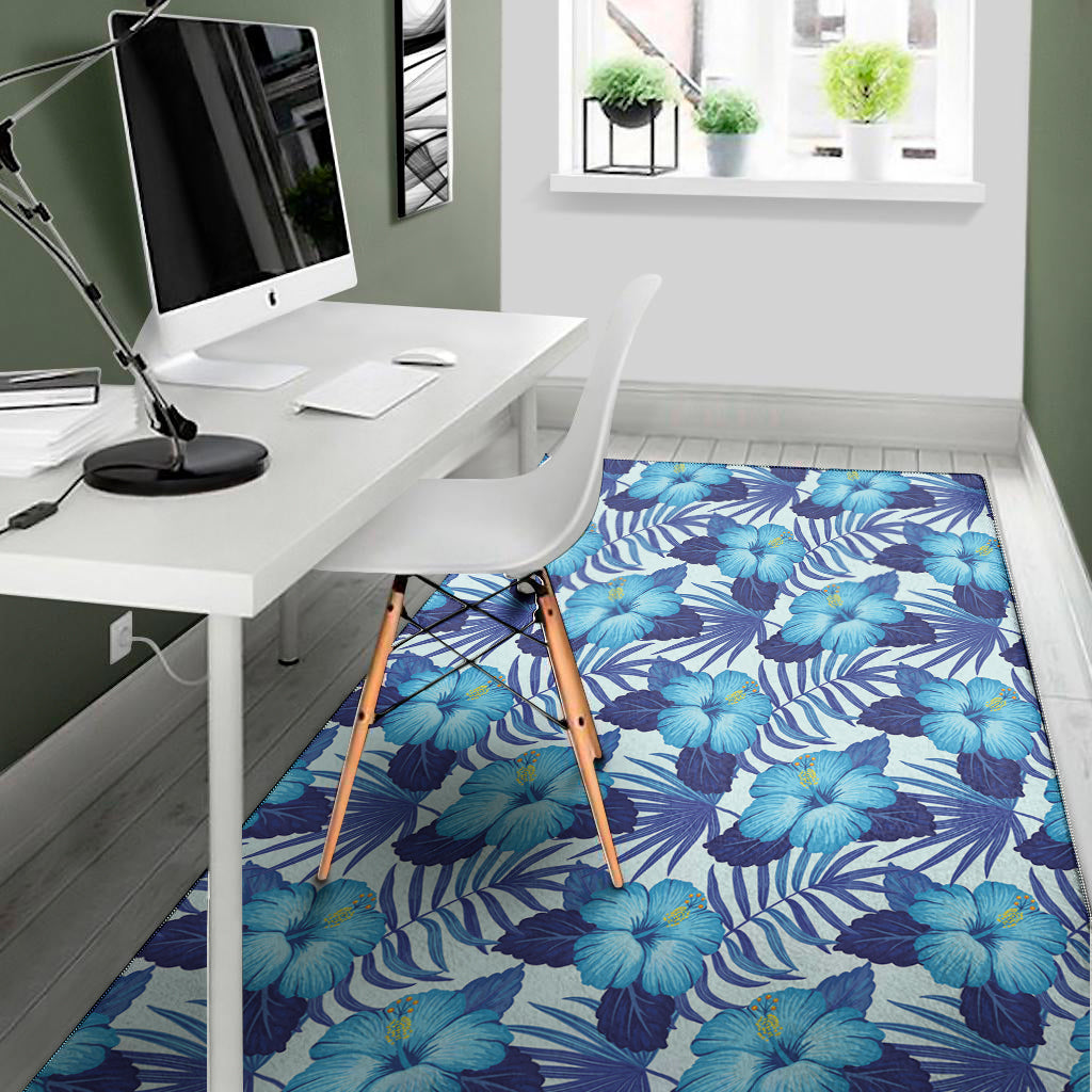 Blue Hibiscus Tropical Pattern Print Area Rug