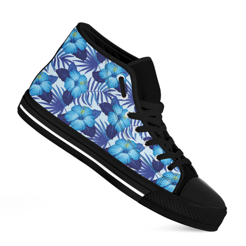 Blue Hibiscus Tropical Pattern Print Black High Top Shoes