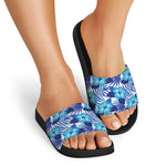 Blue Hibiscus Tropical Pattern Print Black Slide Sandals