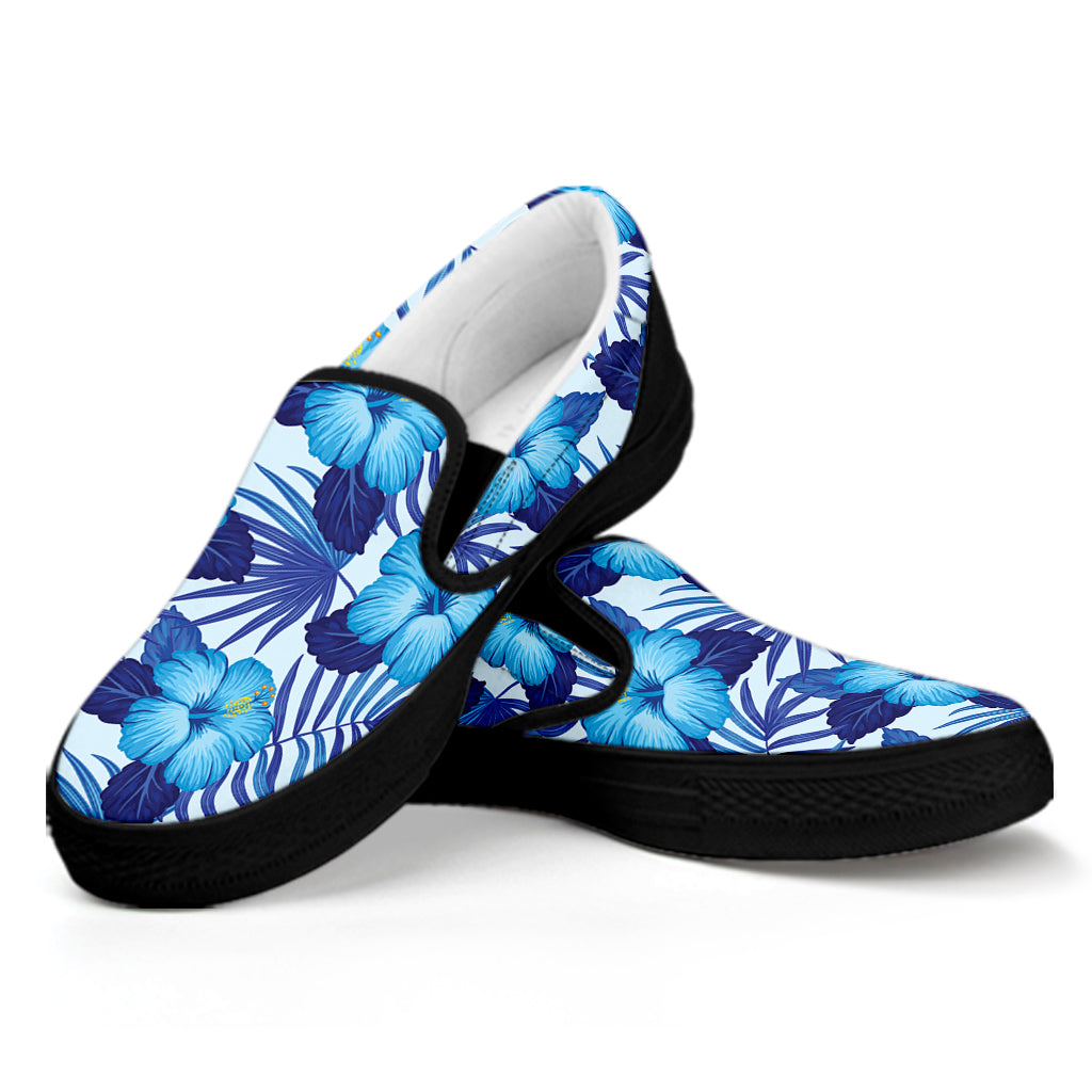 Blue Hibiscus Tropical Pattern Print Black Slip On Shoes