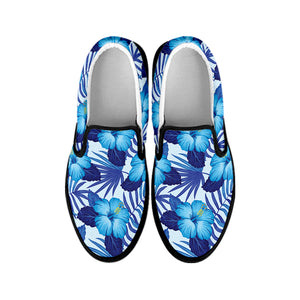 Blue Hibiscus Tropical Pattern Print Black Slip On Shoes