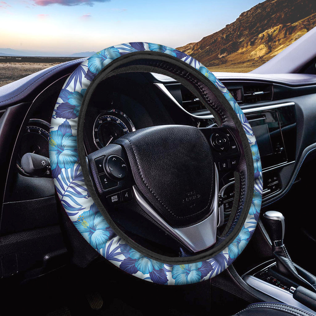 Blue Hibiscus Tropical Pattern Print Car Steering Wheel Cover