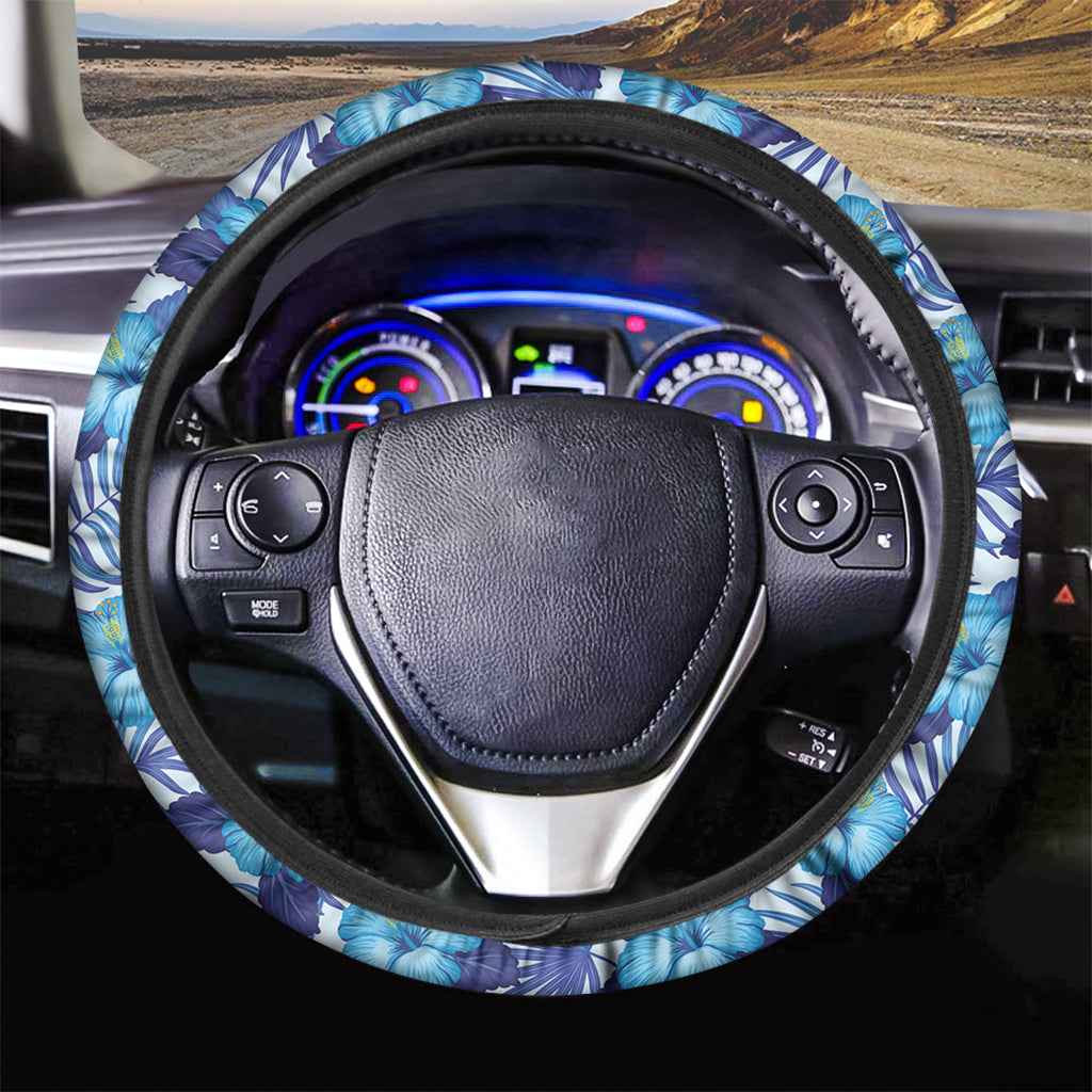 Blue Hibiscus Tropical Pattern Print Car Steering Wheel Cover