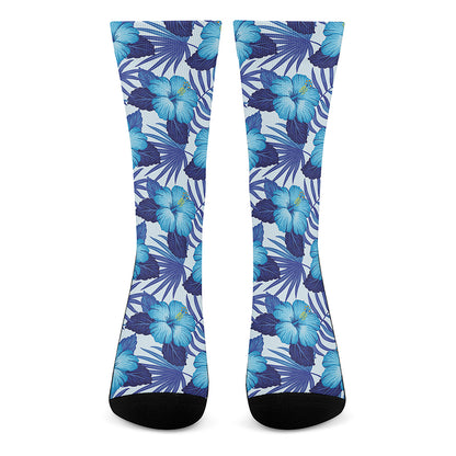 Blue Hibiscus Tropical Pattern Print Crew Socks
