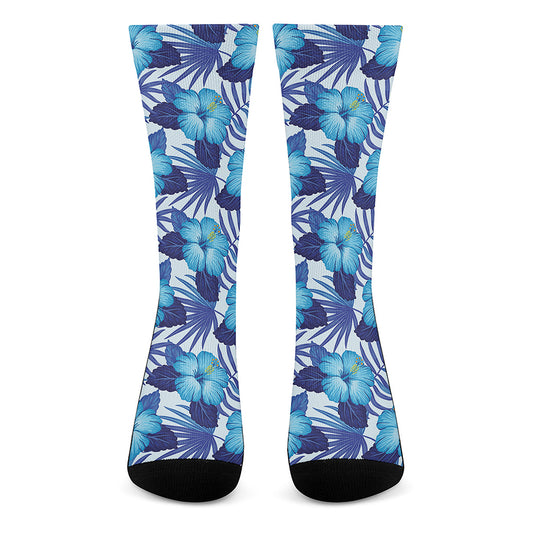 Blue Hibiscus Tropical Pattern Print Crew Socks