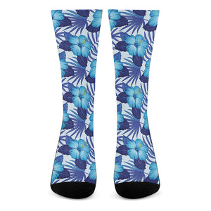 Blue Hibiscus Tropical Pattern Print Crew Socks