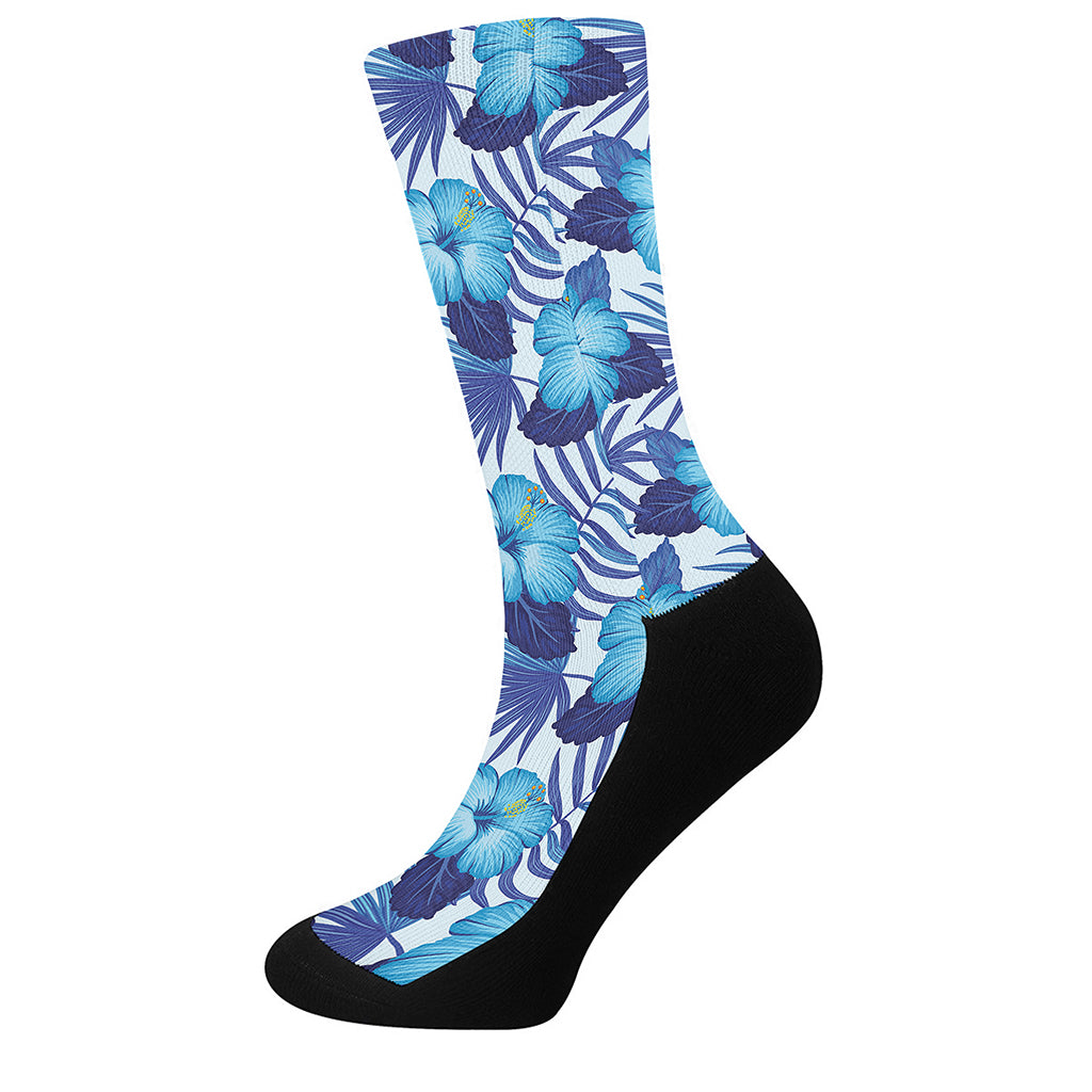 Blue Hibiscus Tropical Pattern Print Crew Socks