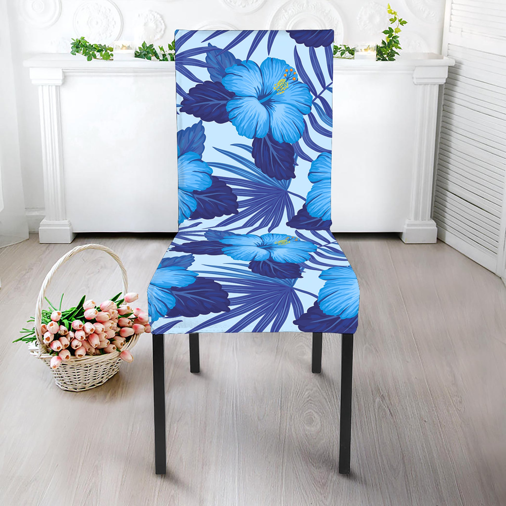 Blue Hibiscus Tropical Pattern Print Dining Chair Slipcover