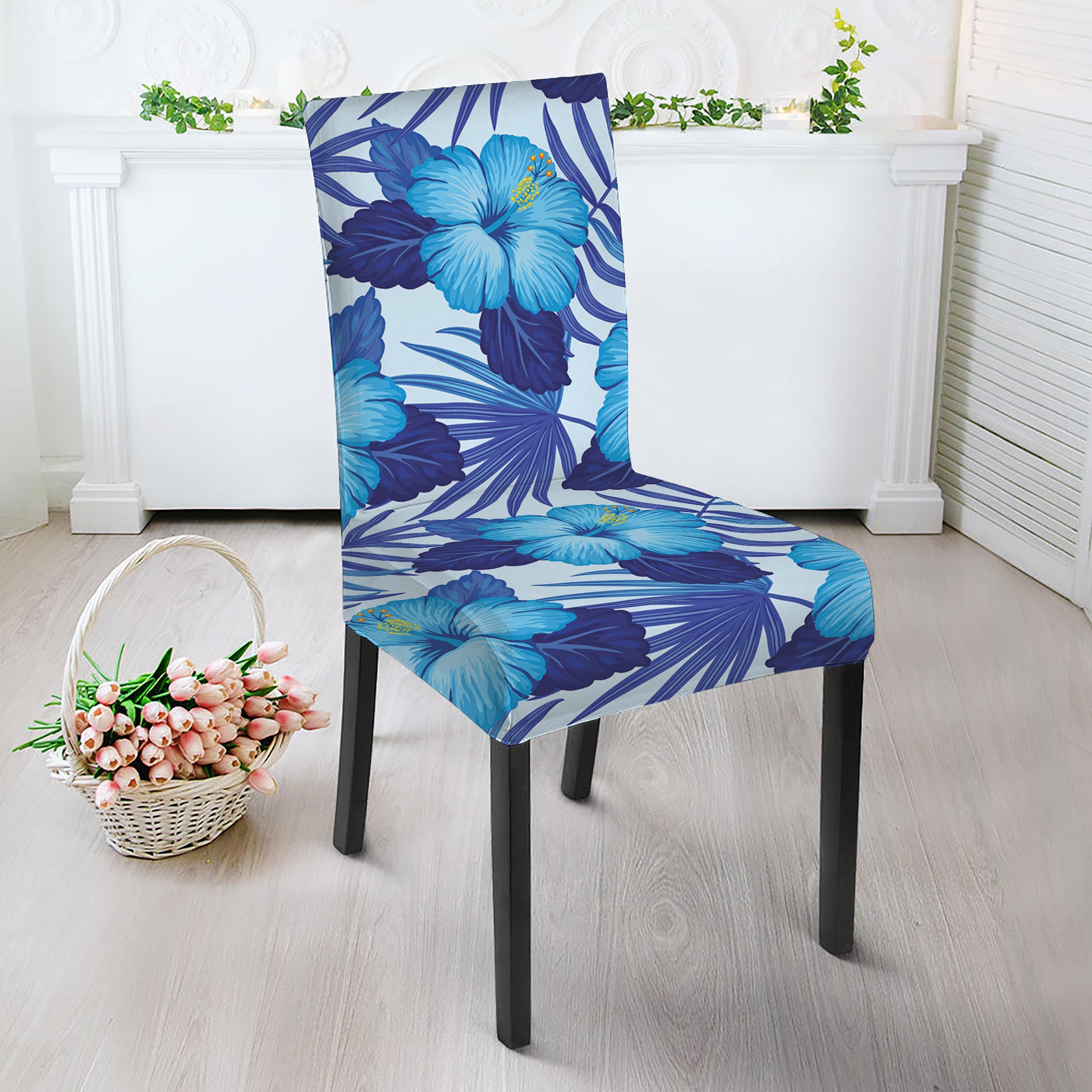 Blue Hibiscus Tropical Pattern Print Dining Chair Slipcover
