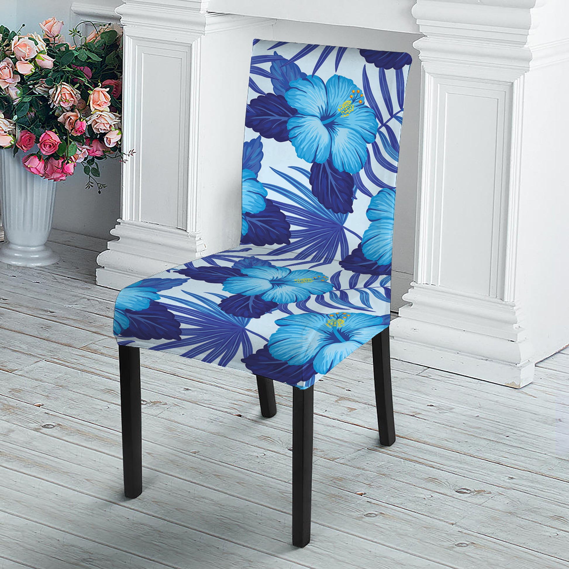 Blue Hibiscus Tropical Pattern Print Dining Chair Slipcover