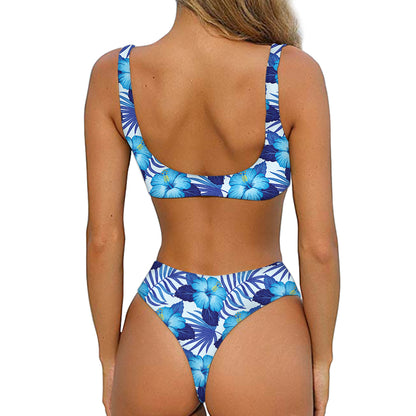 Blue Hibiscus Tropical Pattern Print Front Bow Tie Bikini