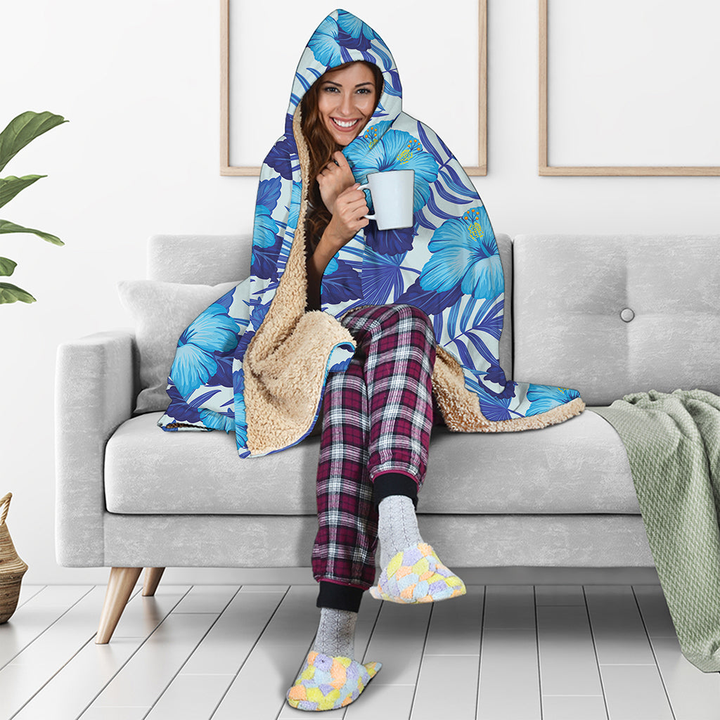 Blue Hibiscus Tropical Pattern Print Hooded Blanket